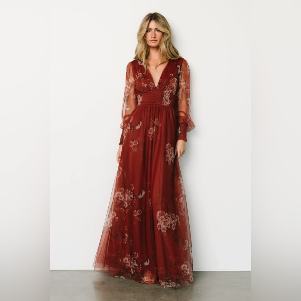 Baltic Born Layla Tulle Rust Floral Long Sleeve Dress Size Large